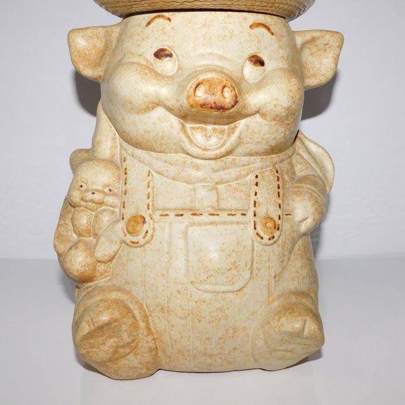 Vintage 60sTreasure Craft 12" Ceramic Farmer Pig Cookie Jar Tan Brown - Picture 3 of 14